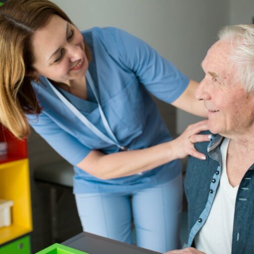 A Geriatric Care Manager works with a senior man.