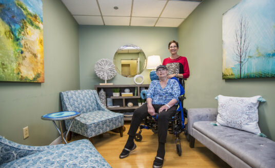 Robin Light and her sister Hope Herndon in the Reflection Room at Barnes-Jewish Extended Care. At Bethesda, we know the importance of quiet spaces in long-term care to make residents and their families feel at home.