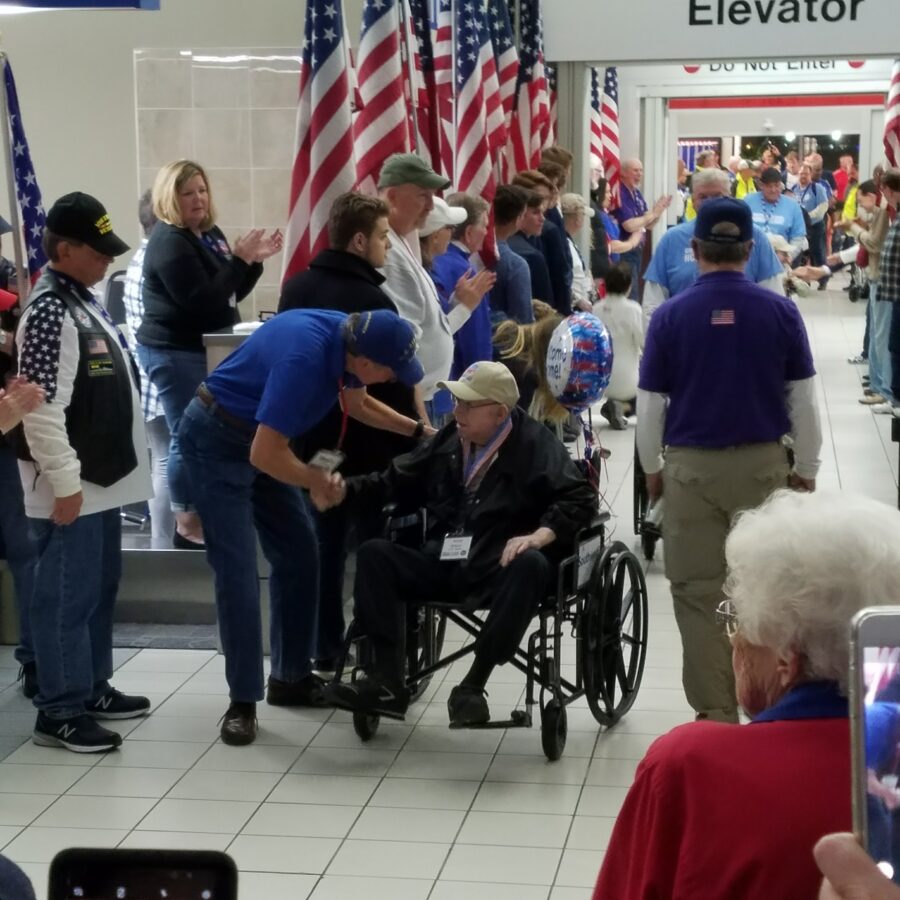 Amos Wilson, Bethesda Hospice Care patient and resident at Bethesda Dilworth, as he was honored at the Greater St. Louis Honor Flight's "Welcome Home" ceremony for Veterans.
