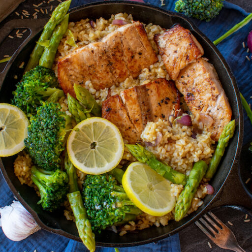 salmon fillet with brown rice and vegetables because there are foods that help with joint pain