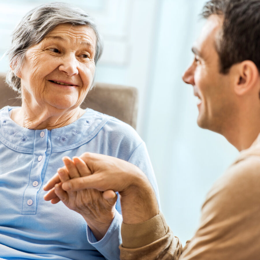 Adult son able to manage dementia communication with senior mother.