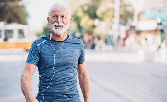 Aging senior walking for exercise