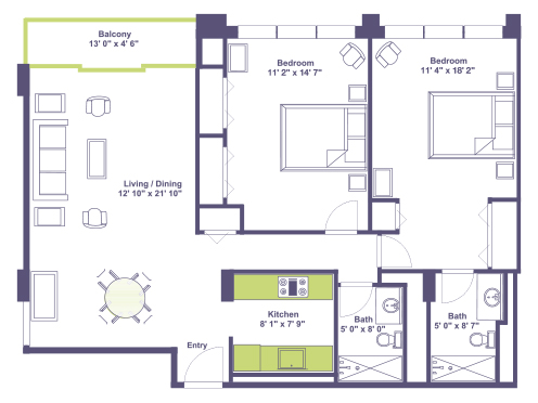 Floor plan of Barclay House's 1025 sq. ft. 2 bedroom