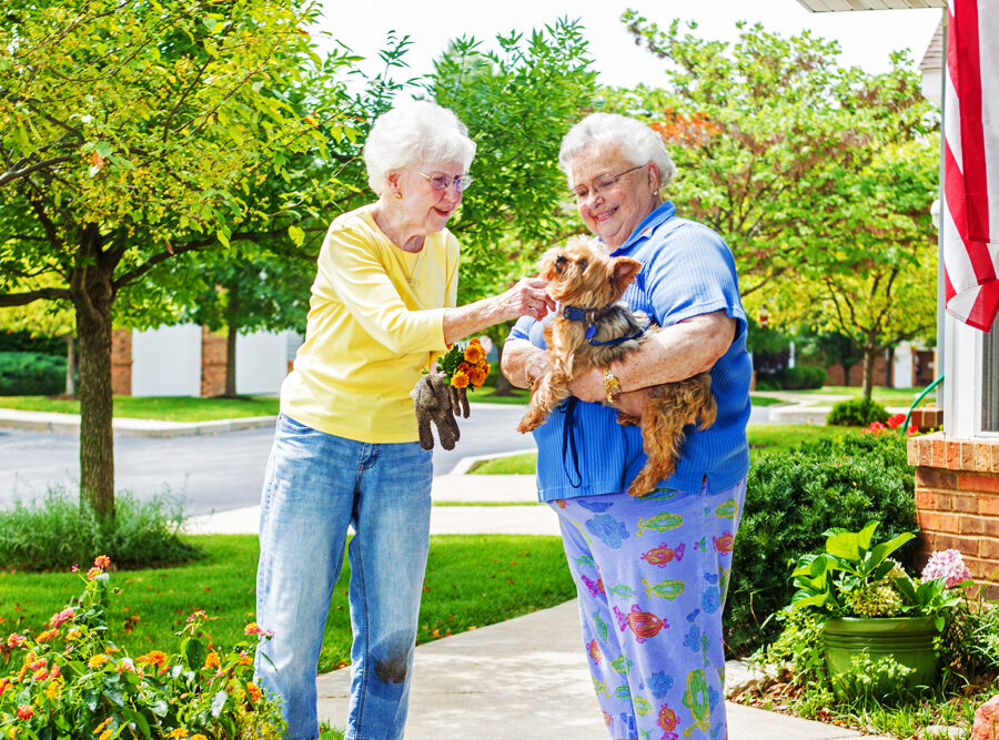 Two senior women pet a small dog outdoors