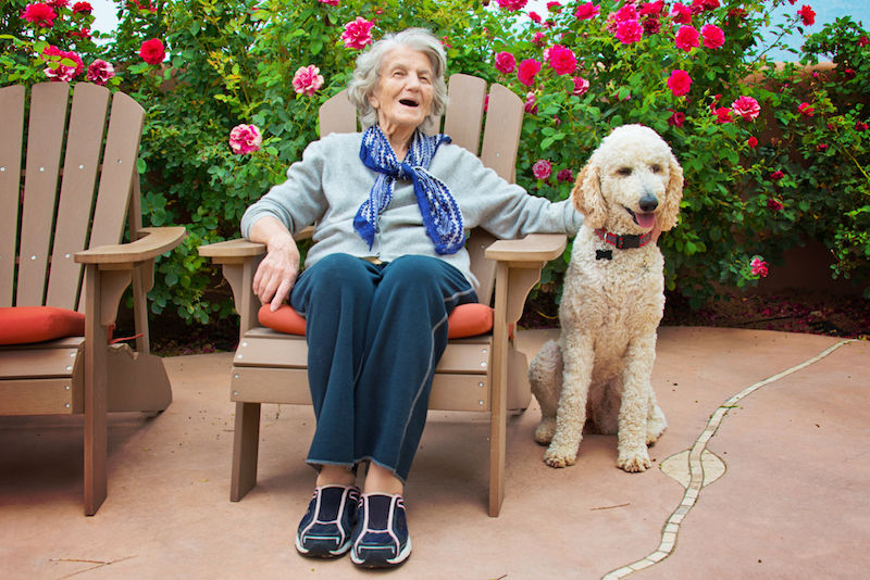 A senior woman with dementia seated outside and petting a dog, which acts as a sensory object