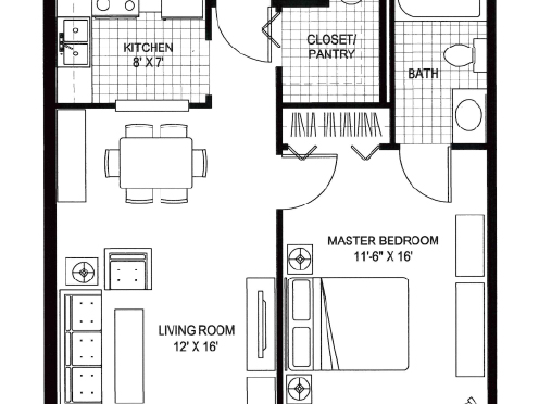 Floor plan 625 square foot 1 bedroom
