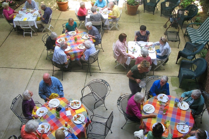 Sky view of patio with people dining