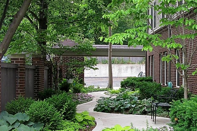 Walking path through the trees and a garden