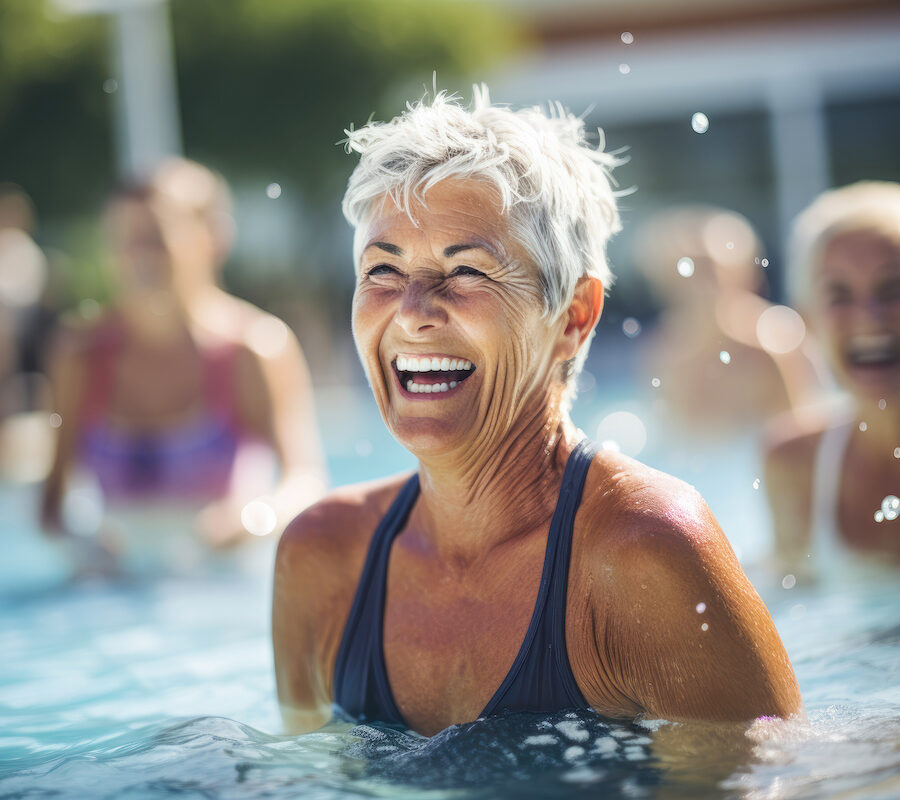 Energetic group of senior women having a blast in a water aerobics session at an outdoor swimming pool, promoting fun, fitness and longevity in their golden