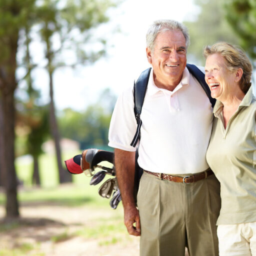 Happy old couple, hug or portrait of golfers in fitness workout, exercise or round on course or field.