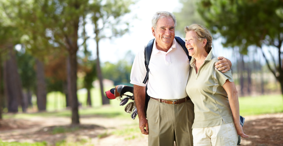 Happy old couple, hug or portrait of golfers in fitness workout, exercise or round on course or field.
