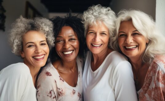 Four joyful senior women together posing for the camera in white clothing.
