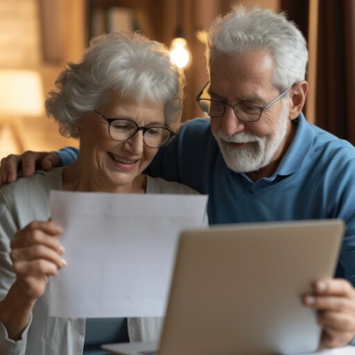 Happy older man and woman looking at their life insurance policies.