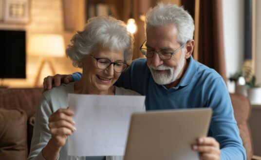 Happy older man and woman looking at their life insurance policies.