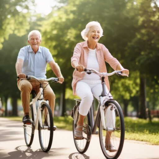 A smiling, active senior couple riding bikes in a vibrant park.