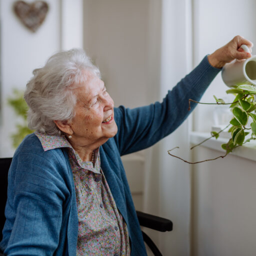 Senior woman watering DIY indoor garden