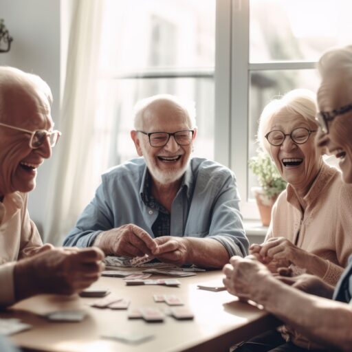 Four elderly people laughing and playing cards at a table.