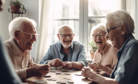 Four elderly people laughing and playing cards at a table.