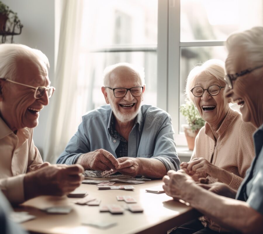 Four elderly people laughing and playing cards at a table.