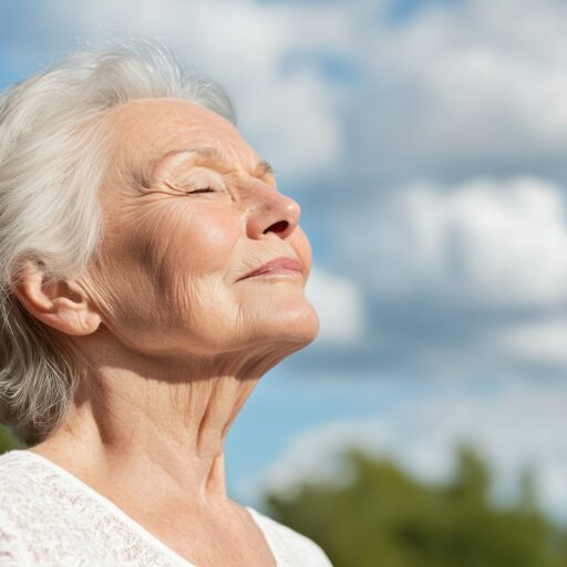 senior woman taking a breath on a sunny day, mental health