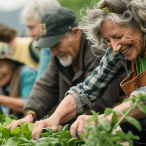 A group of residents gardening, with a smiling woman in focus.