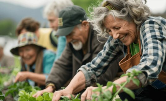 A group of residents gardening, with a smiling woman in focus.