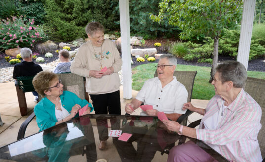 Beautiful 10-acre park-like campus and courtyard at Bethesda Terrace senior living in St. Louis.