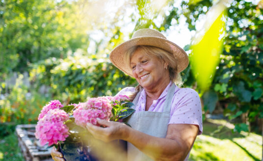 Senior woman admiring flowers as she takes part in gardening for seniors