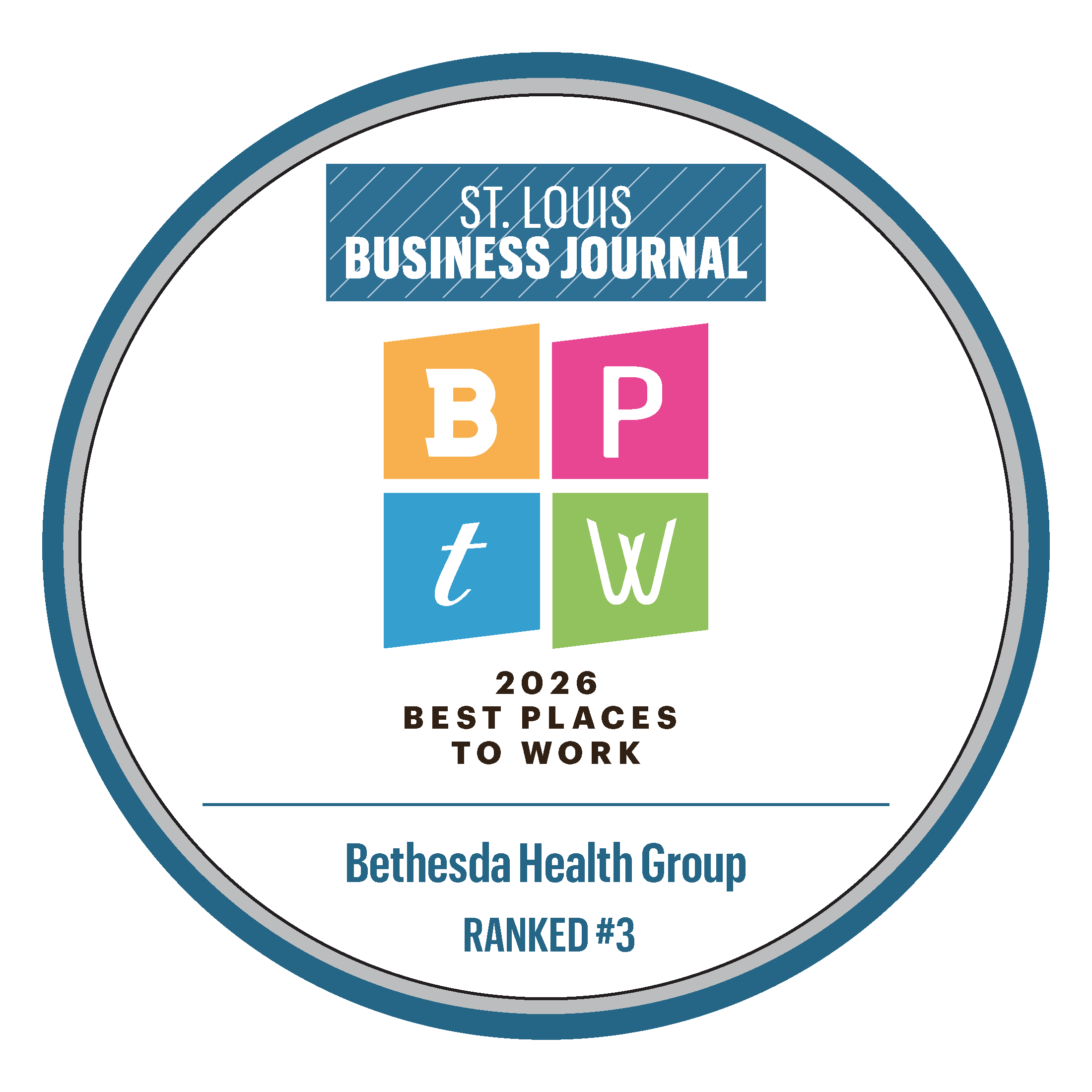 Badge graphic: St. Louis Business Journal 2026 Best Places to Work, Bethesda Health Group ranked #3