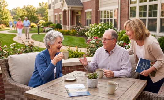 Three seniors chat and drink coffee on a brick patio outside a residential building; brochures and a small plant on a wooden table.