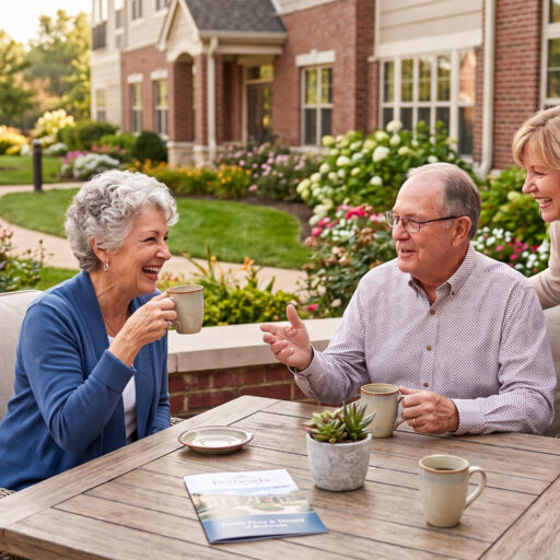Three seniors socialize on a brick patio at a retirement community, chatting over coffee with brochures on the table."