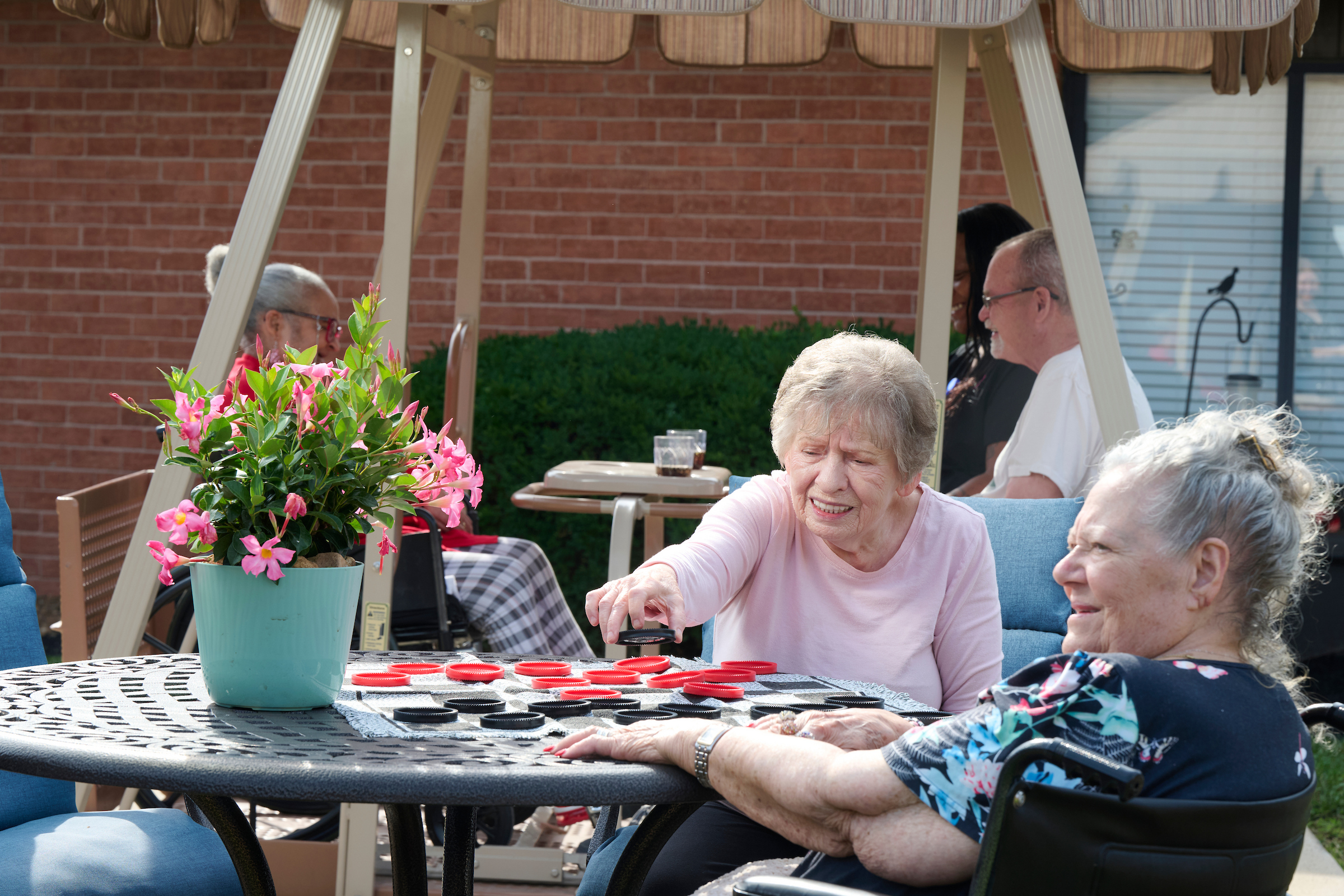 Older adults seated around an outdoor table playing a cap game, with a pink flowering plant in a pot in the foreground.