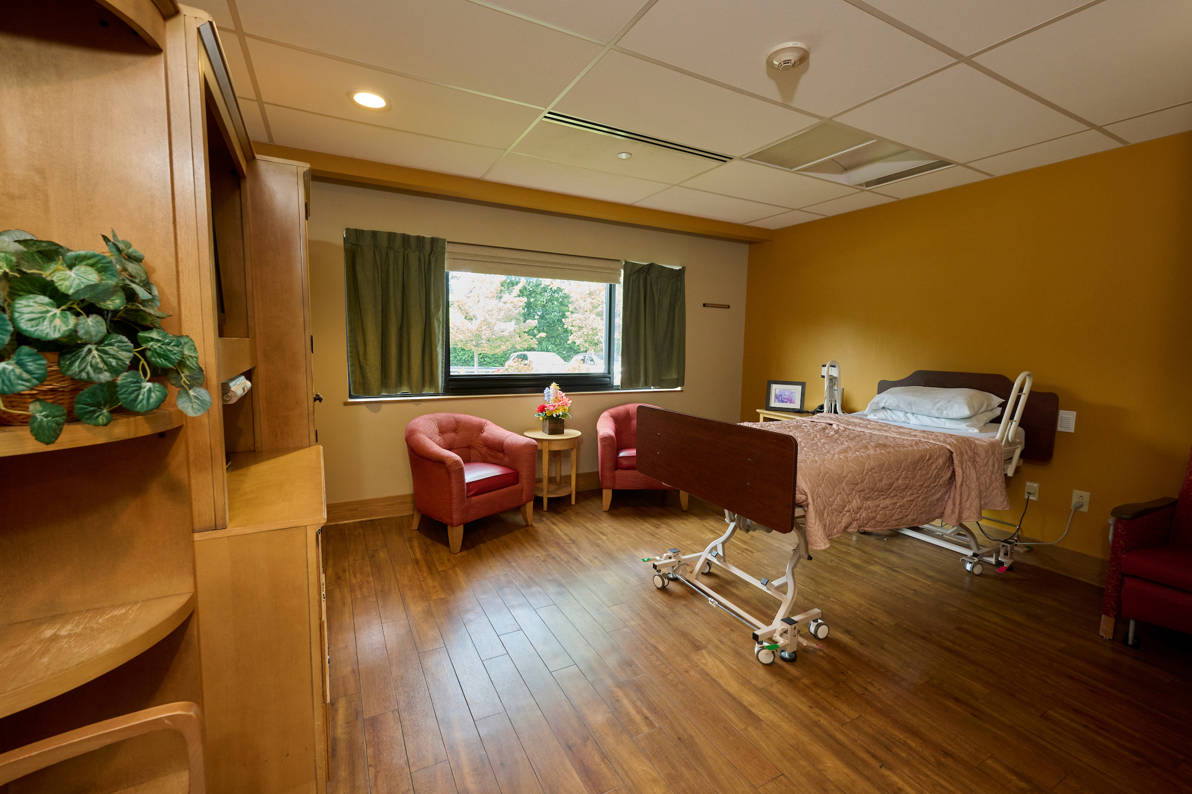 Hospital patient room with a bed on the right, pink quilt, bedside rails, two red chairs around a small table by a window; potted plant on a wooden cabinet to the left.