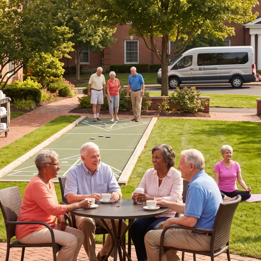 Group of seniors chatting and relaxing in a sunny courtyard: some play a small mini-golf game while others do yoga on mats and others sip coffee at tables near brick buildings and a Bethesda van in the background.